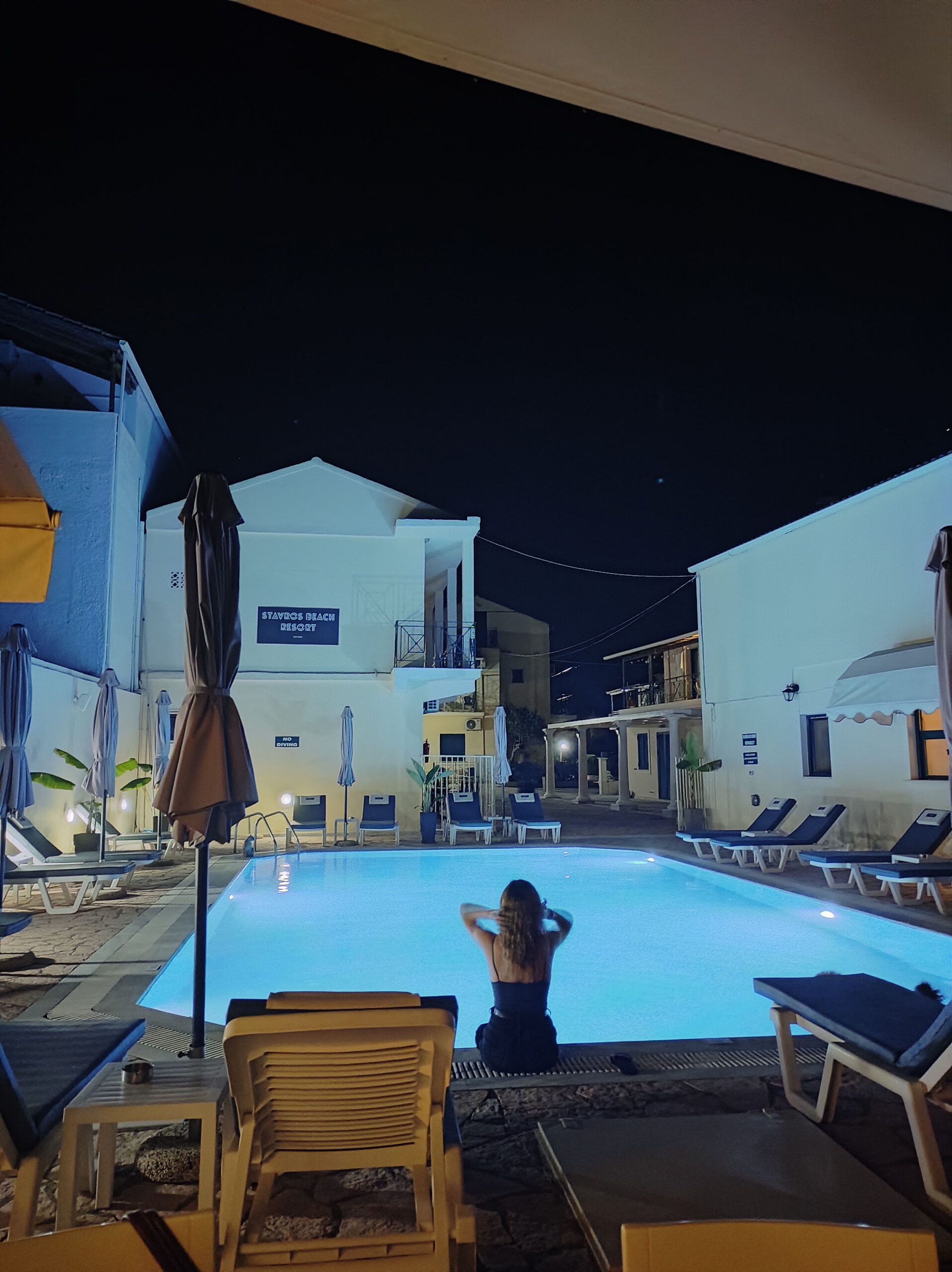 Stavros beach hotel, Kavos, Corfu. Night time, swimming pool.